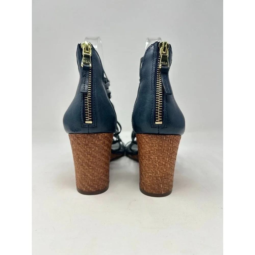 Lauren Ralph Lauren Wedge Alexandrea Gladiator Sandals Shoes 7B Navy‎ Zip Back